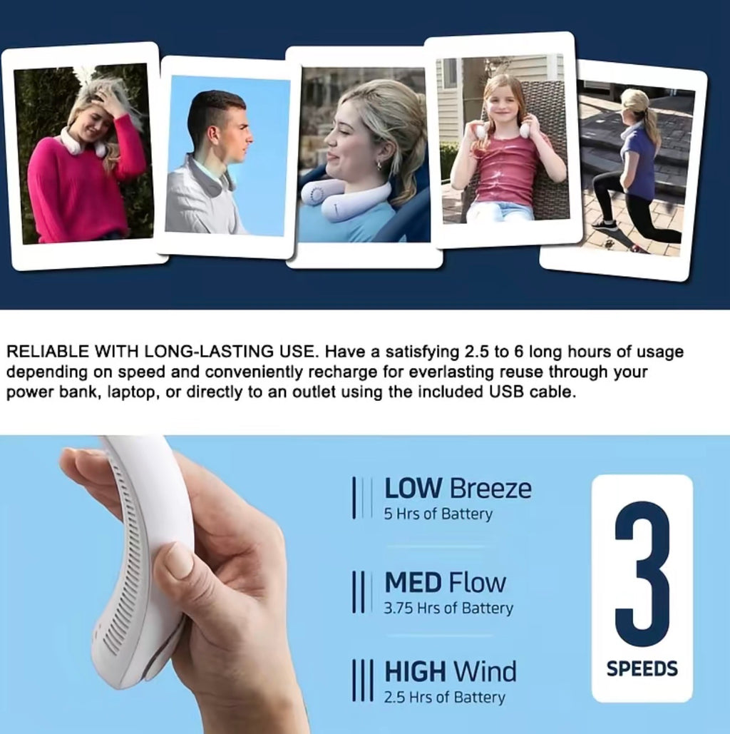 Portable 3-Speed Bladeless Neck Fan, USB-Rechargeable Wearable Cooling Fan for Men and Women, Energy-Saving Personal Fan for Travel, Indoor and Outdoor Sports