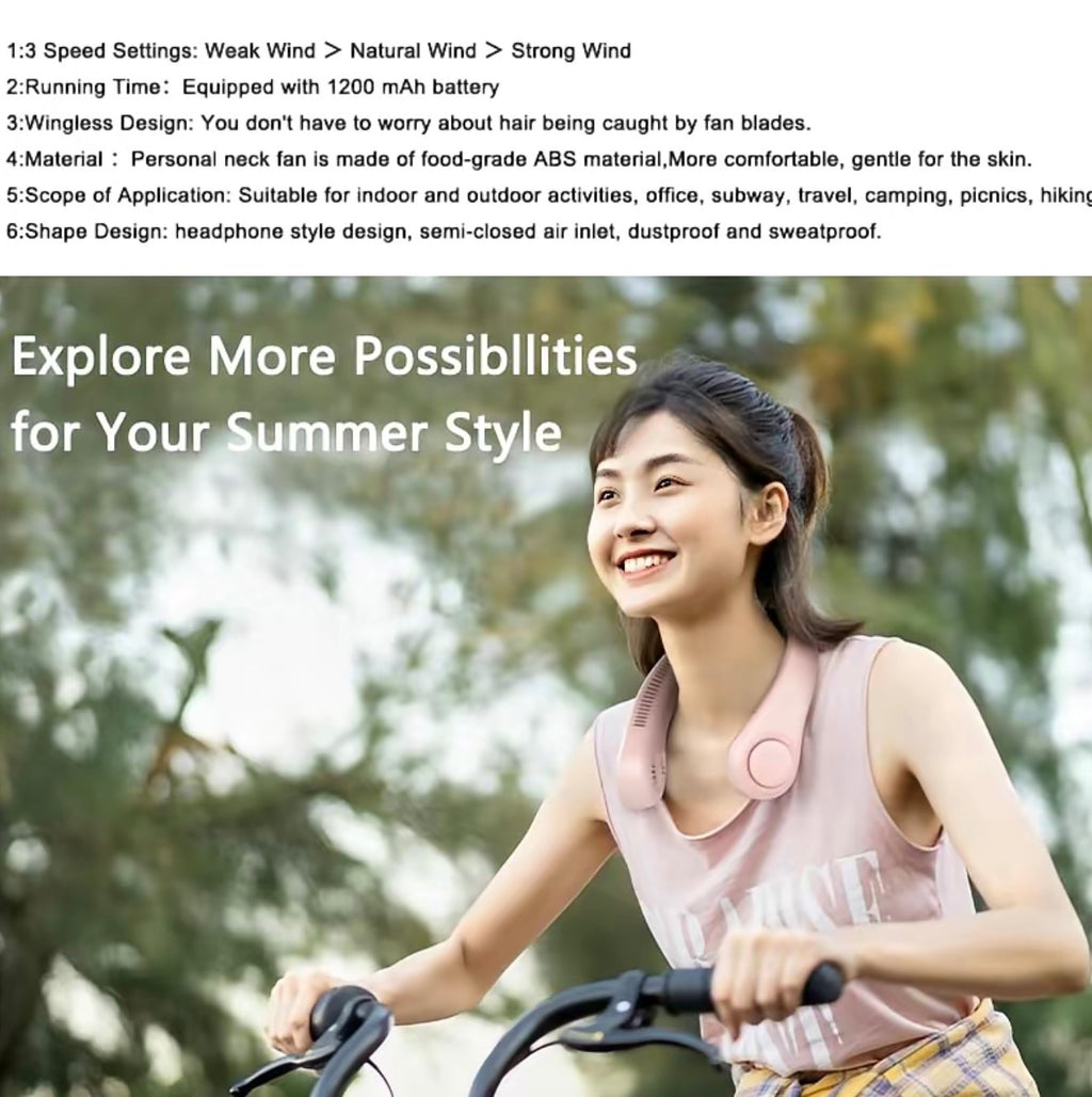 Portable 3-Speed Bladeless Neck Fan, USB-Rechargeable Wearable Cooling Fan for Men and Women, Energy-Saving Personal Fan for Travel, Indoor and Outdoor Sports